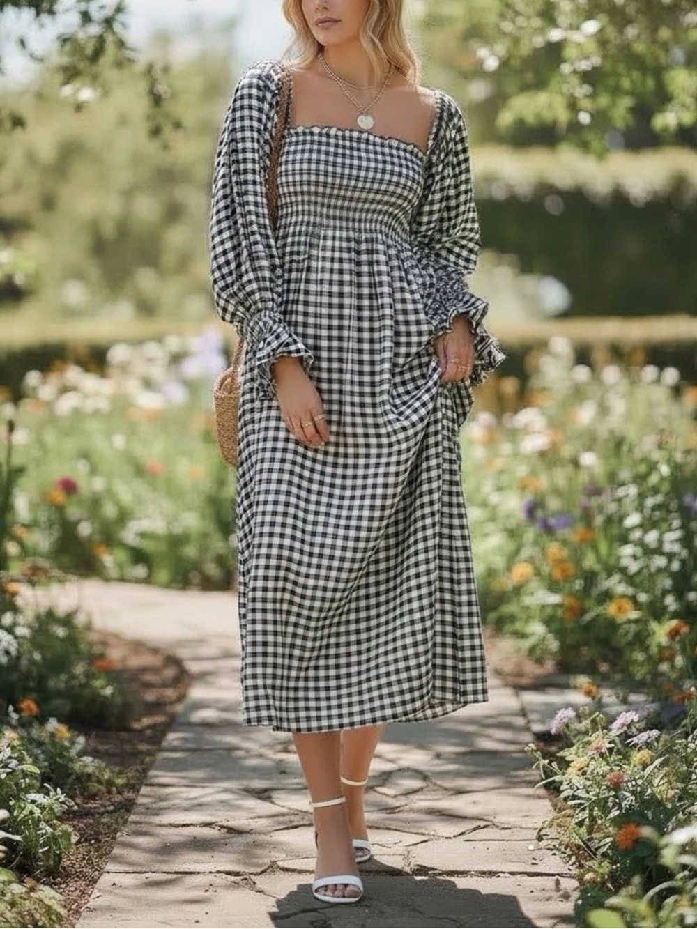Sleeper Atlanta Black Gingham Midi Day Dress Square Neck Size XL Spring